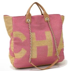 RARE! CHANEL Contrast Raffia Deauville Shopping Tote Bag